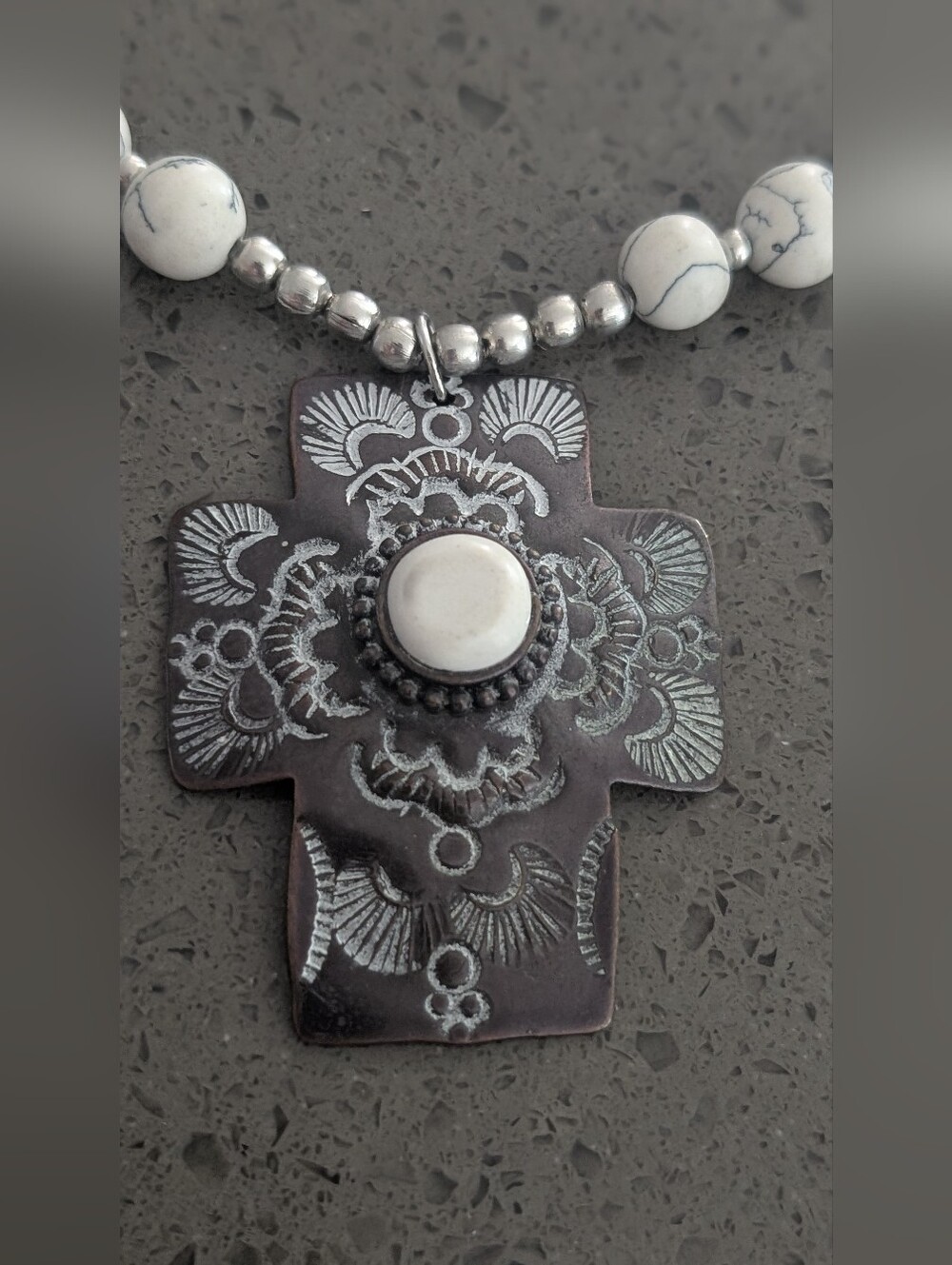 White Howlite Beaded Cross Necklace with Tan Cord - Picture 2 of 5